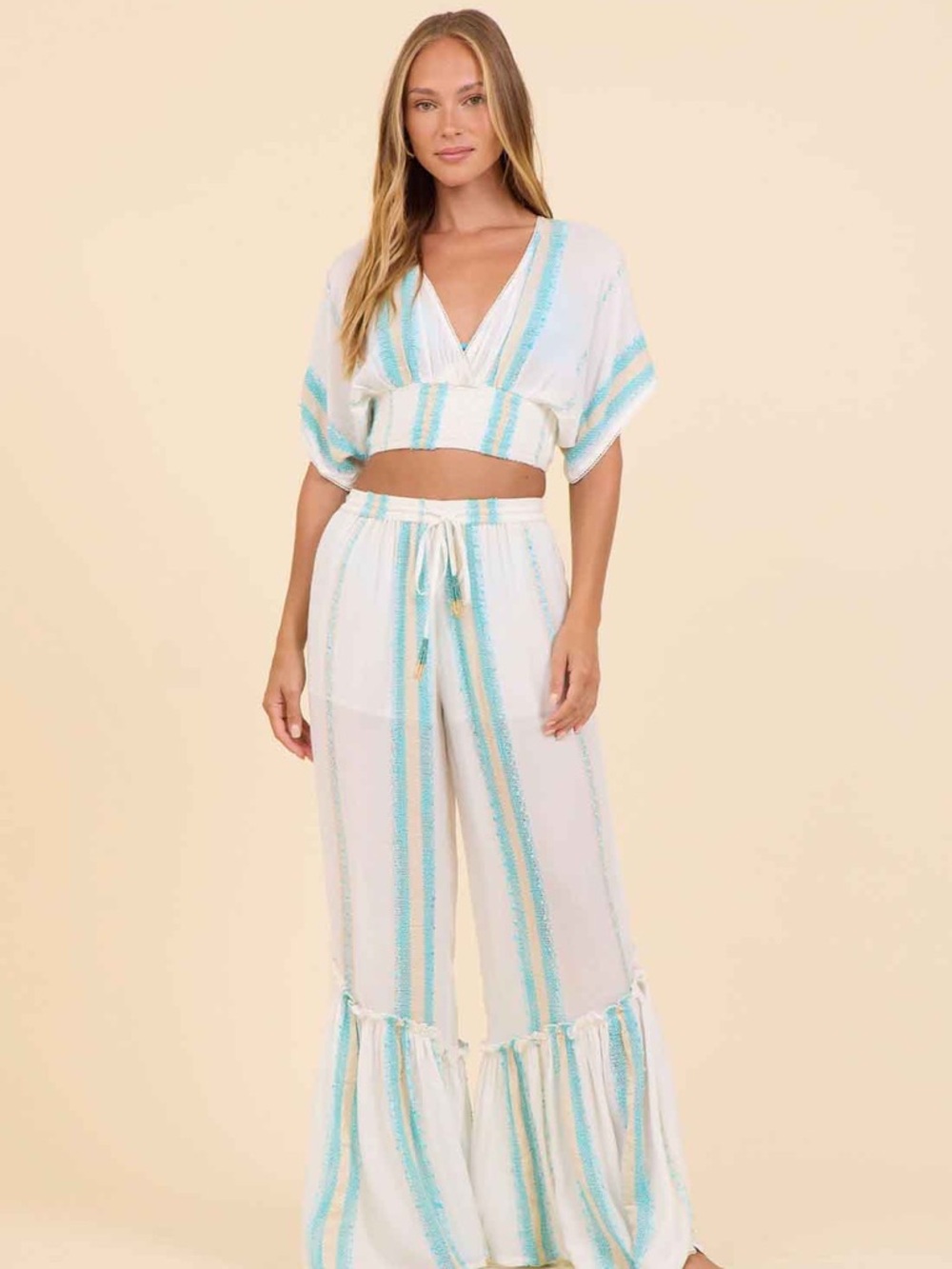 White & Aqua Striped Cropped Top With Open Back & Wide-Leg Boho Pants